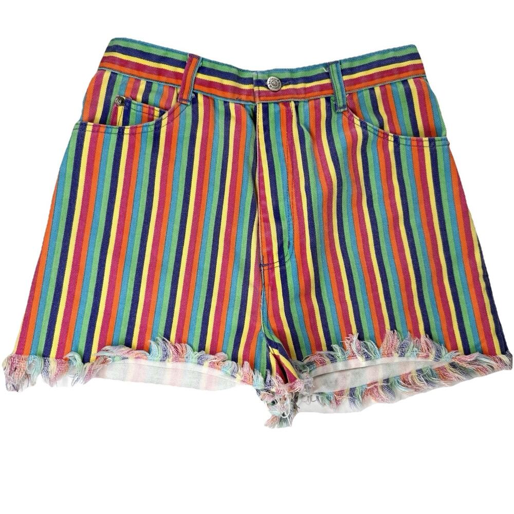 Vintage 80s 90s Rainbow Stripe Denim High Waist Cut Off Jean Shorts Size M 28